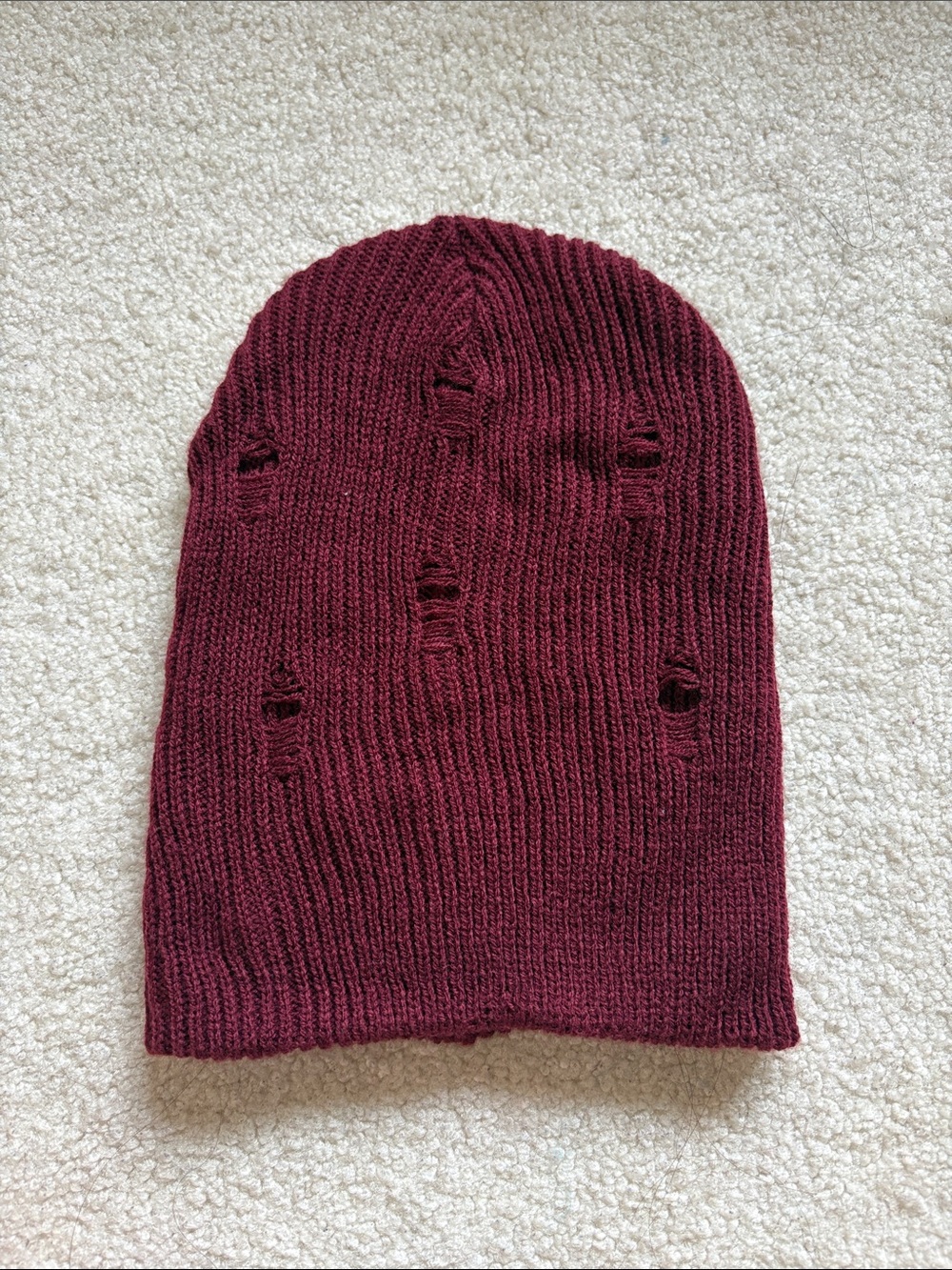 Distressed Knit Beanie - Burgundy